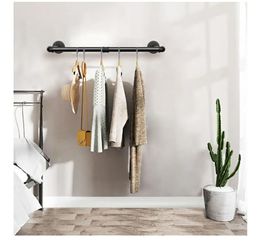 Iron Pipe Clothes Hanging Bar DIY Wall-Mounted Garment Rack Heavy Duty Clothing Rack for Bedroom, Laundry Room, Closet Storage (Black 24 inch)