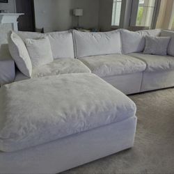 Brand New- Large Cream Colored Chenille Down-Filled Cloud Sectional Sofa with Storage Ottoman/Chaise