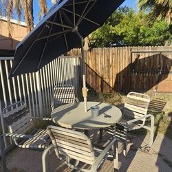 Pool Side Table And Tilting Umbrella With 4 Chairs