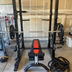 Squat Rack and bench Press, 2 Bars (1 Olympic Bench And 1 Olympic Squat) 