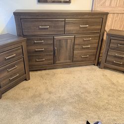 Rustic gray brown dresser with two matching nightstands
