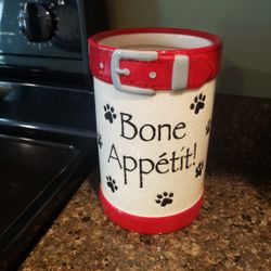 Bone Appétit Ceramic Utensil Holder - Red and White With Black Paw Print Accents