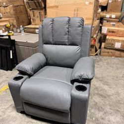 Leather Recliner Chair for Adults, Overstuffed Manual Recliner Chair, Single Sofa with Cup Holder and Side Pockets, Upholstered Chair for Living Rooms