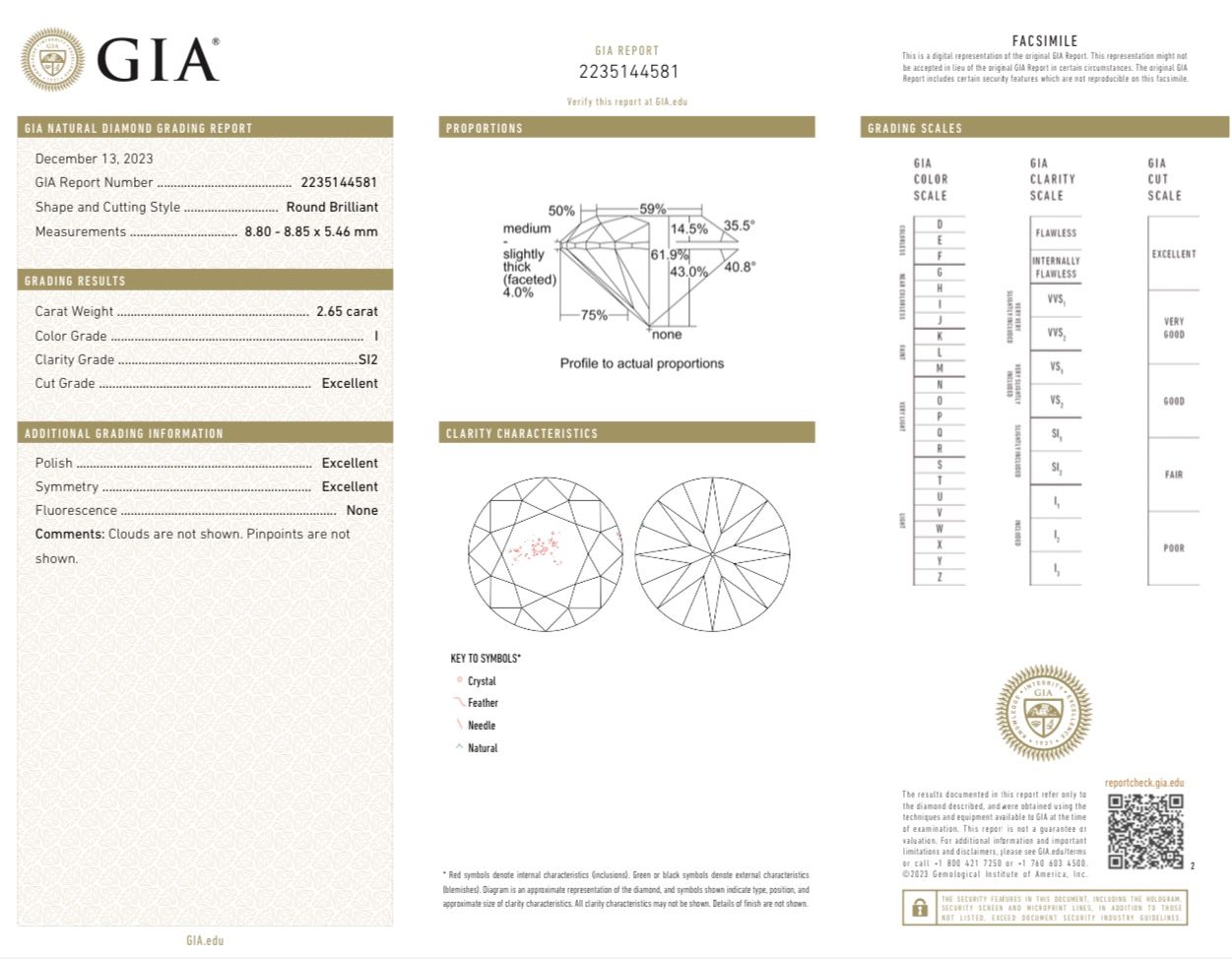 Gia Natural Diamond 2.65 Carats Round Cut