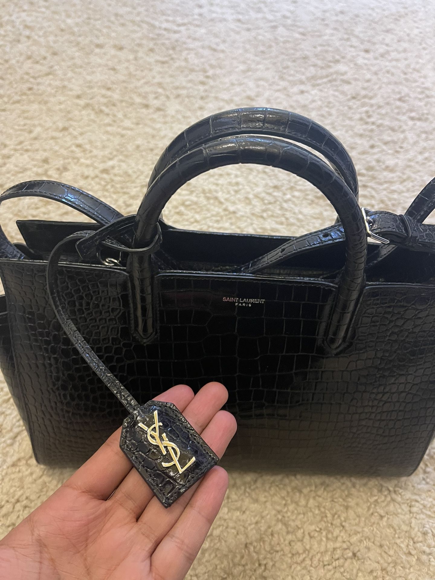 Saint Laurent Small Cabas Rive Gauche Bag in Crocodile Embossed Leather - Black