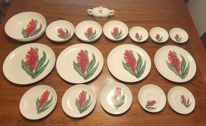 Vintage Santa Anita Ware Flowers of Hawaii Red Ginger 1949 – 17 Pc Set