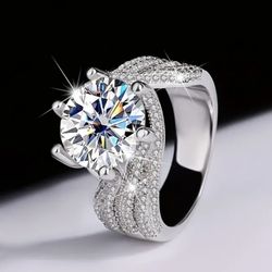 925 Sterling Silver 18k White Gold Plated 5 Carat Moissanite Ring, Luxurious 6 Prong Ring