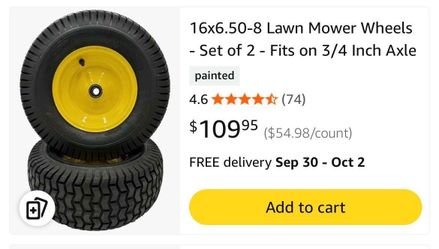 16x6.50-8 Lawn Mower Wheels - Set of 2 - Fits on 3/4 Inch Axle