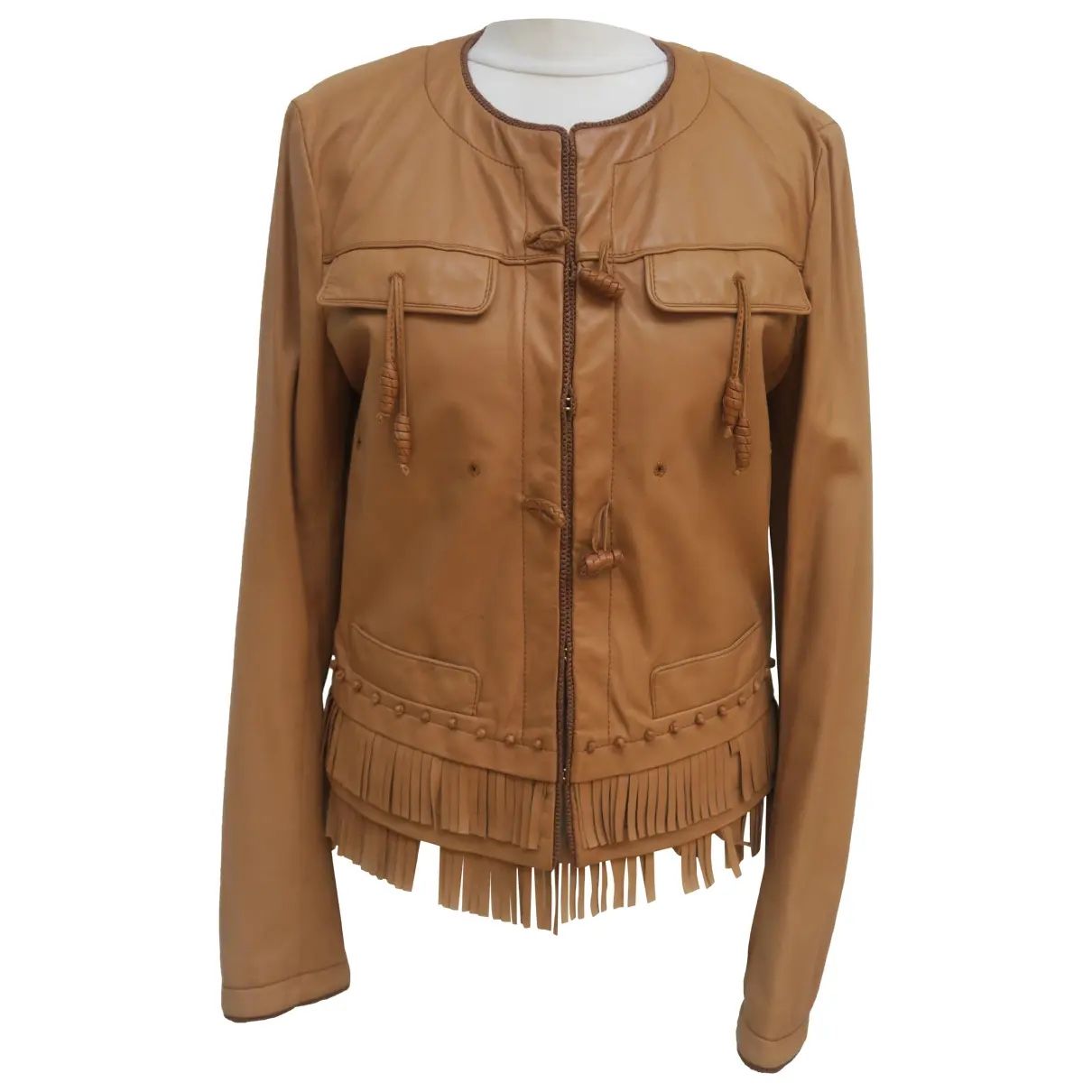 Roberto Cavalli women’s leather fringe jacket size 44 tan brown (size 8 US)