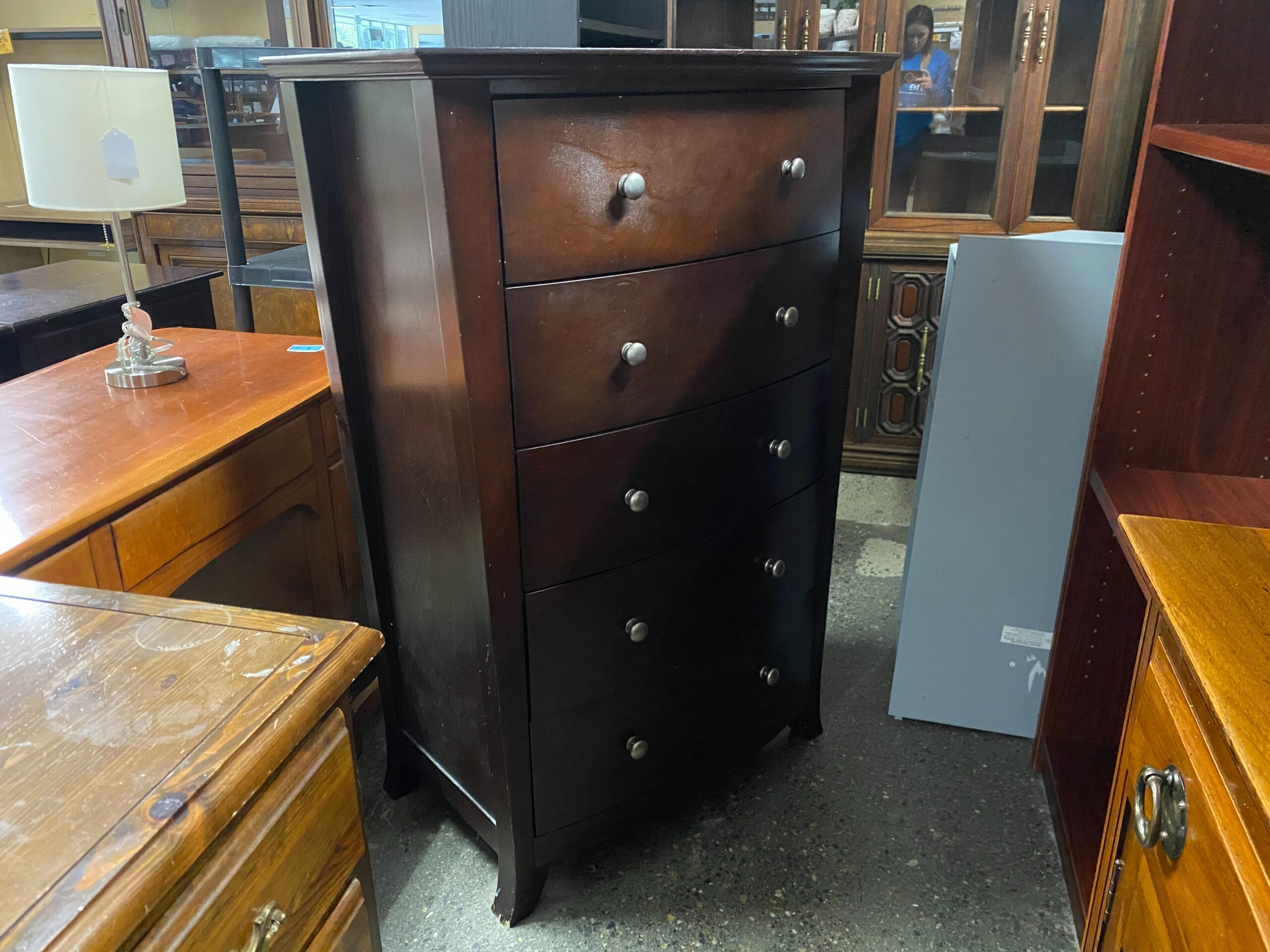 5 Drawer Dark Wood Curved Tallboy