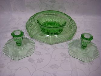 Vintage depression etched glass green console bowl & candle holders