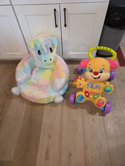 Unicorn rainbow soft fuzzy chair and smart stages Fisher Price walk along toy and learning toy see description