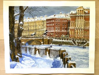 St Petersburg, Anichkov Bridge Painting 11.5”x9” , Acrylic on paper