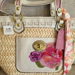 RARE GORGEOUS COACH POPPY NATURAL STRAW FLORAL FLOWER APPLIQUE BASKET PURSE