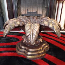 Vintage Handcrafted Brass Palm Leaf Sculpture Base 15"x28" Wood & Brass
