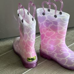 Pink Heart Pattern Rain Boots. Size 10