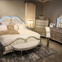 Bedroom Set Platinum New Led Light Solid Wood Bedroom Silver