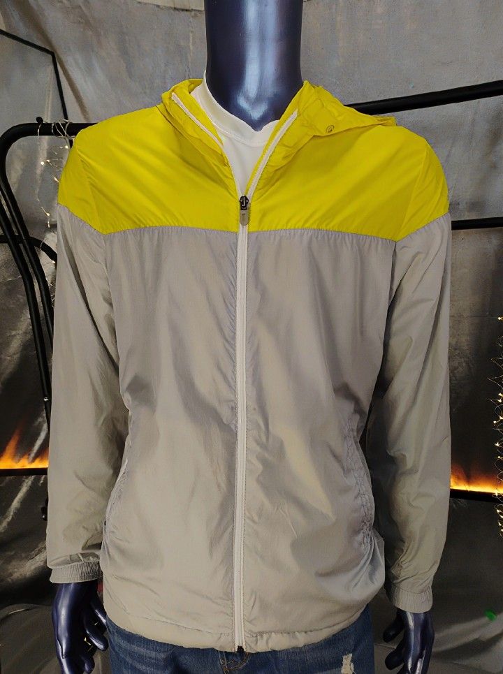 Adidas Men’s XL Windbreaker Jacket Yellow Gray Hooded Zip-Up