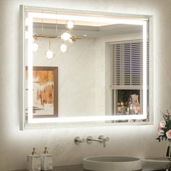 40 x 32 Led Mirror Brushed Nickel Metal Frame Frontlit & Backlit Vanity Mirror Anti-Fog Stepless Dimmable 3 Colors White/Warm/Natural Wall Mirror with