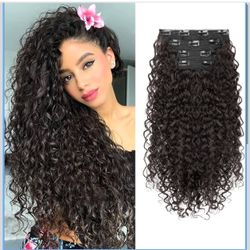 Clip in Hair Extensions, FLUFYMOOZ 4PC 100? Pure Protein Silk Hair Extensions Long Soft Natural Hairpiece 20 Inch Curly Hair Extension for Women (Dark