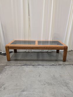 Vintage Oak Coffee Table with Glass Inserts