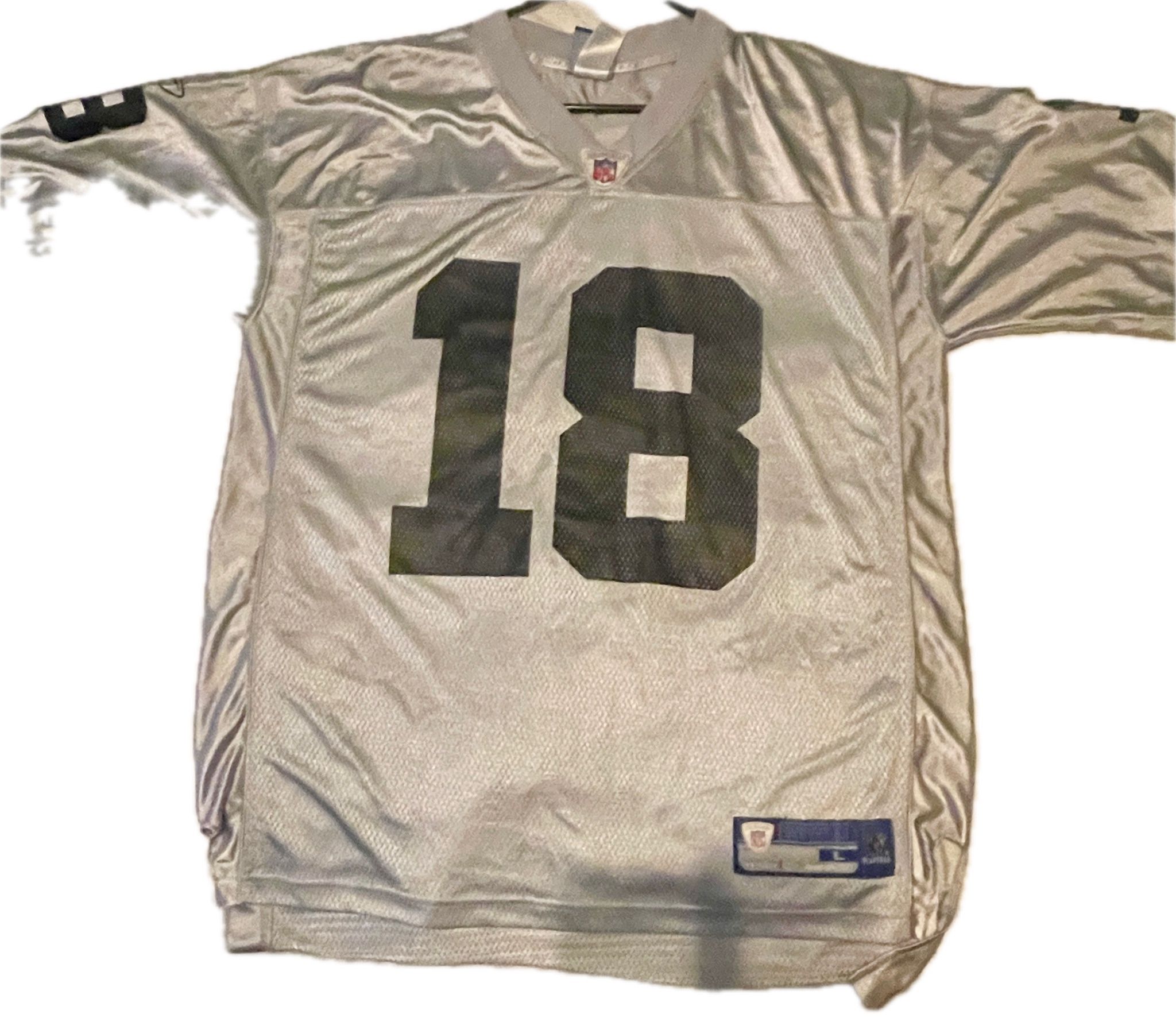 Oakland Raiders Moss (#18) Reebok NFL Authentic Silver Alternate Jersey L NWOT