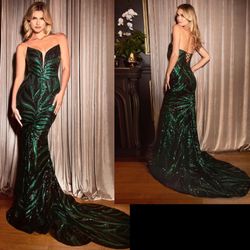 New With Tags Sequin Fitted Black & Emerald Long Formal Dress & Prom Dress $179