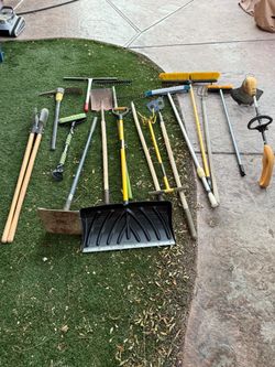 Tool Lot Garden Tools Shovel Pickaxe Hole Digger Hand Tamper Hoe Rake Brush Broom
