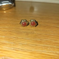 Vintage Gold-Tone Hexagonal Reddish-Orange Cabochon Stud Earrings