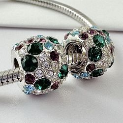 2 Charms For Pandora 925 Sterling Silver And Swarovski Crystals Green Purple Aqua Paved 