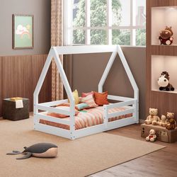 Toddler White Canopy Bed w/ Guard Rails & Mattress 
