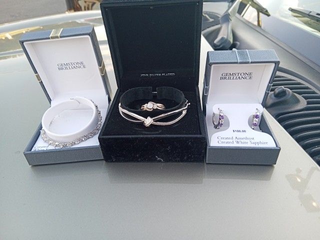 Diamond Ring With White Gold Created Amethyst & White Sapphire Half-Hoop Earrings in Sterling Silver