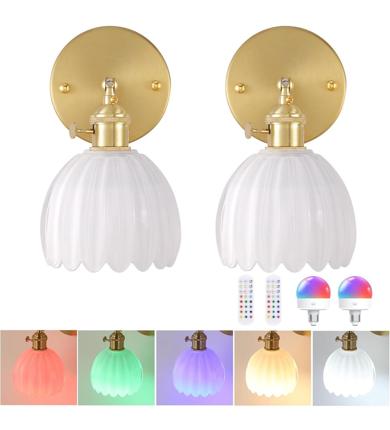 Vintage Battery Operated Wall Sconce with White Tulip Glass Lampshade Wireless Rechargeable Battery Powered Wall Light with Remote Control for Bedside