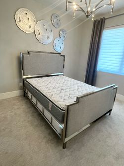 Queen Upholstered Bed Frame with Chrome Trim