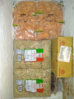 5lb bags of Italian style sausage balls for pizza of omlets or some chillis also bags of sliced pepperoni