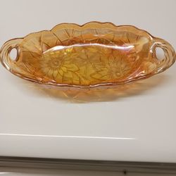 BRAND NEW CARNIVAL GLASS BOWL,  2 HANDLES,  MARIGOLD COLOR 