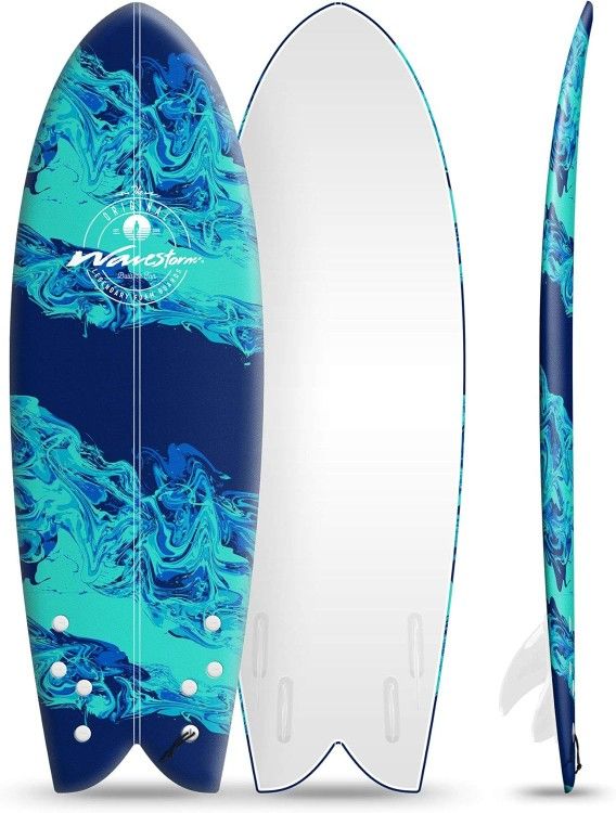 Wavestorm 5'8" Retro Modern Quad Fish Surfboard in rare pink/blue swirl colorway