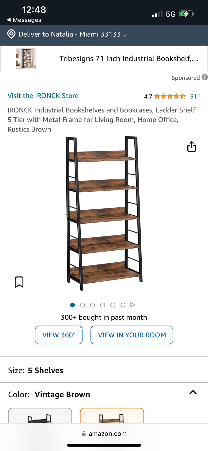 IRONCK Industrial Bookshelves and Bookcases, Ladder Shelf 5 Tier with Metal Frame for Living Room, Home Office, Rustics Brown