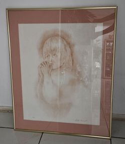 Framed limited edition lithograph by Annette Hennart, #2/250, portrait of praying young girl, gold metal frame, good condition ready to hang. 26"x32"