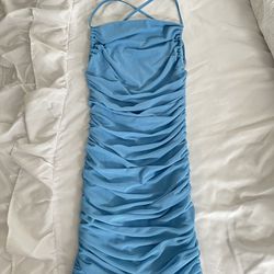 Oh Polly No Angel Mini Blue Dress. Cross Back Ruched Mesh