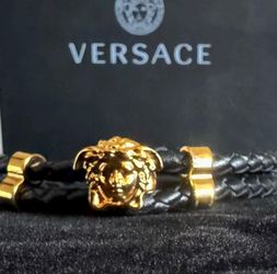 Authentic Versace Gold Medusa Double-Braided Black Leather Strap Bracelet