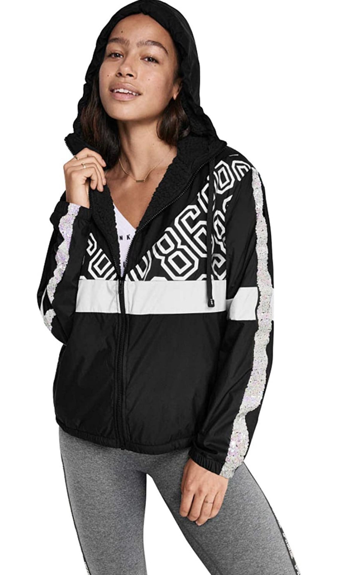 New Pink Victoria’s Secret Full Zip Sherpa Lined Jacket Anorak Windbreaker Bling NWT Dark Grey XS/S