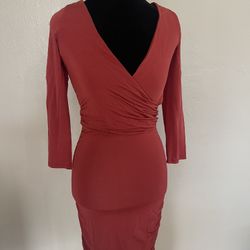 bebe Terracotta Long Sleeve Faux Wrap Ruched Cocktail Dress XS