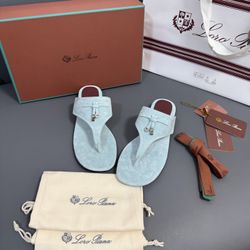 Loro piana mindil infra clip toe flat cool slippers summer cashmere leather blue size 7