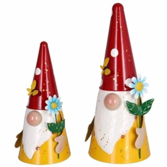 Two NIB 12 & 16" Tall Outdoors Gnomes, Red/Yellow w Flower Metal Statue Yard Art