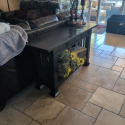 Entryway Table Black Wood With Rod Iron Steel Sides