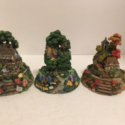 3  Franklin Mint Heirloom w/ a blend of powdered porcelain & Resin,(Honey Hill Cottage, Autumn Splendor Cottage & Flower Shoppe Cottage) Crafted Hand 