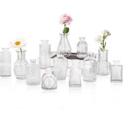 et of 12 Glass Bud Vase Set, Small Vintage Clear Flower Vase Centerpieces for Table Bulk Cute Rustic Style Mini Vase for Home Decor Wedding Baby Showe