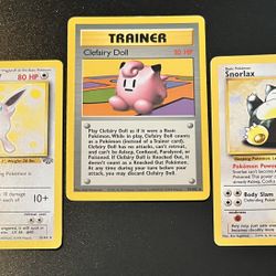 3 Vintage Pokemon Cards Snorlax Jungle Clefairy Doll Base Set Wigglytuff Jungle