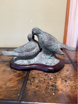 Vintage Korean Cast Metal Love Birds Dove Sculpture on Wood Base – Mid Century Decor